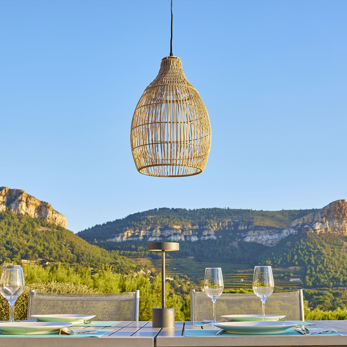 Natural bohemian solar hanging lamp in braided basketry style warm white LED HOLIDAY H42cm