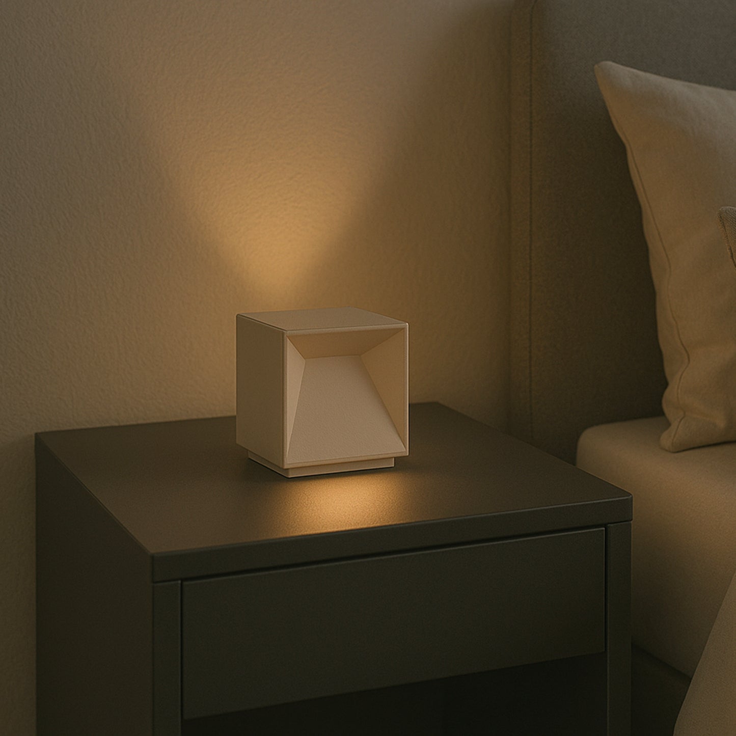 Lampe de table cubique en aluminium beige LED blanc chaud dimmable CUBOX SAND H10 cm