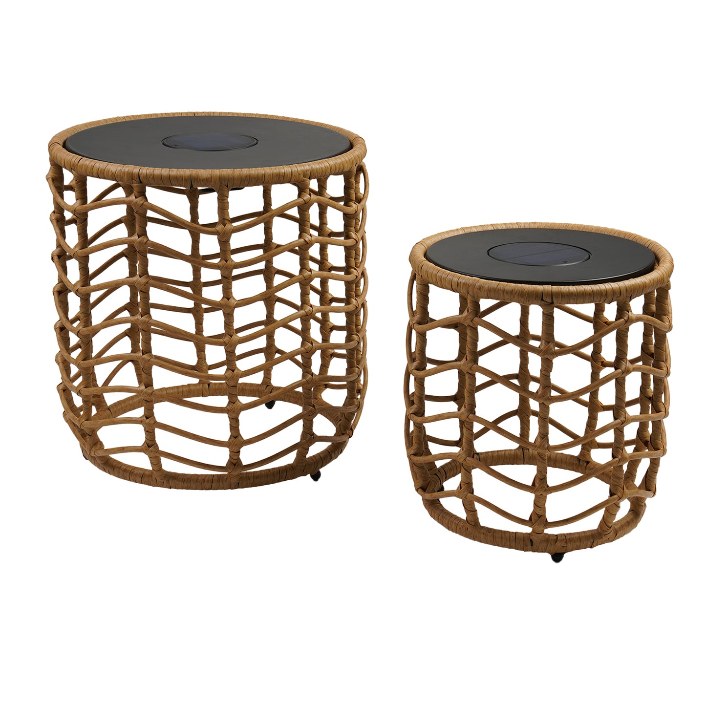 Lot de 2 tables solaires lumineuses en poly rotin avec base LED rechargeable 2X NERITA