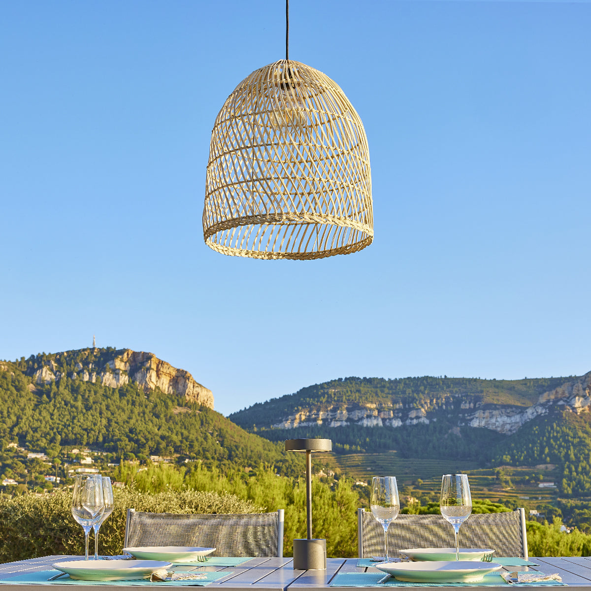 Mains-powered pendant lamp for outdoor use PAULO OUTDOOR CABLE in natural rattan bohemian style 5m cable length