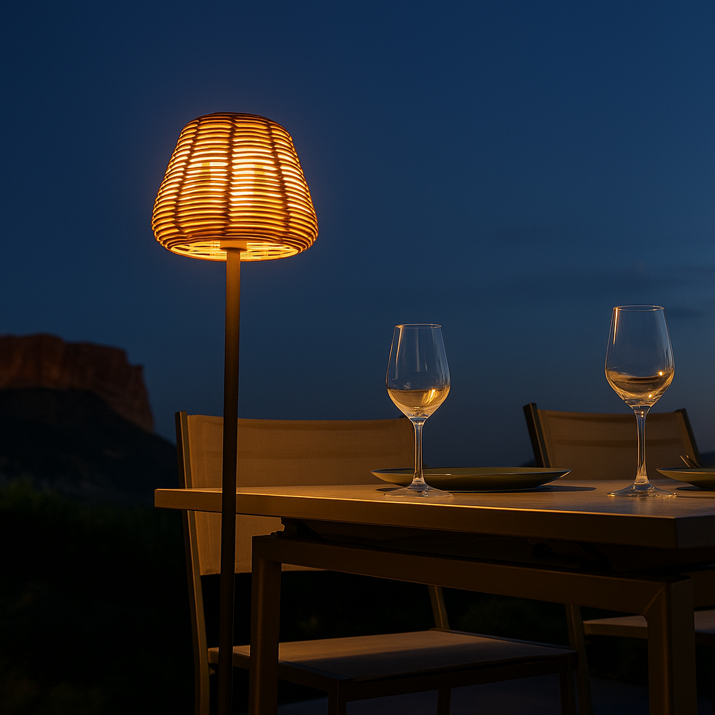 Poly rattan design wire floor lamp for outdoor white LED TALL BOHEME H150cm E27 base