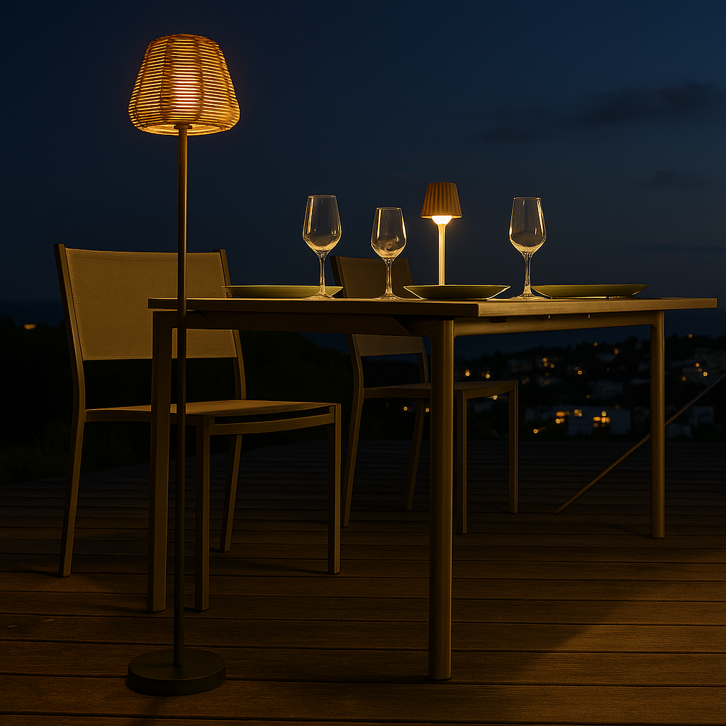 Poly rattan design wire floor lamp for outdoor white LED TALL BOHEME H150cm E27 base