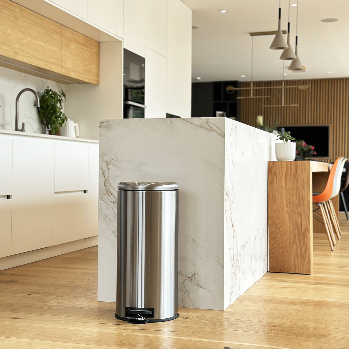 URBAN 30L basic brushed stainless steel kitchen pedal bin with domed lid bucket
