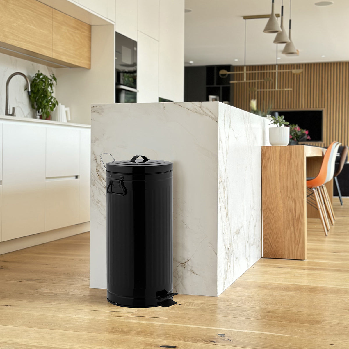 Vintage BROOKLYN Black 30L Kitchen Pedal Bin in Stainless Steel with Bucket