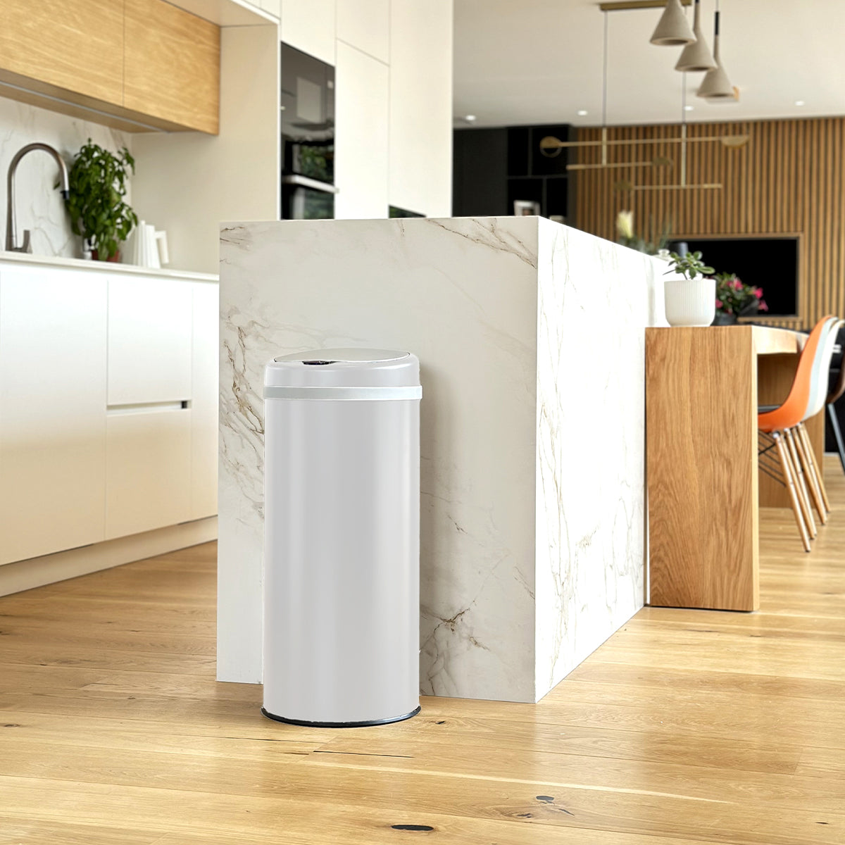 Automatic kitchen bin 42L SOHO Shiny white in stainless steel with strapping