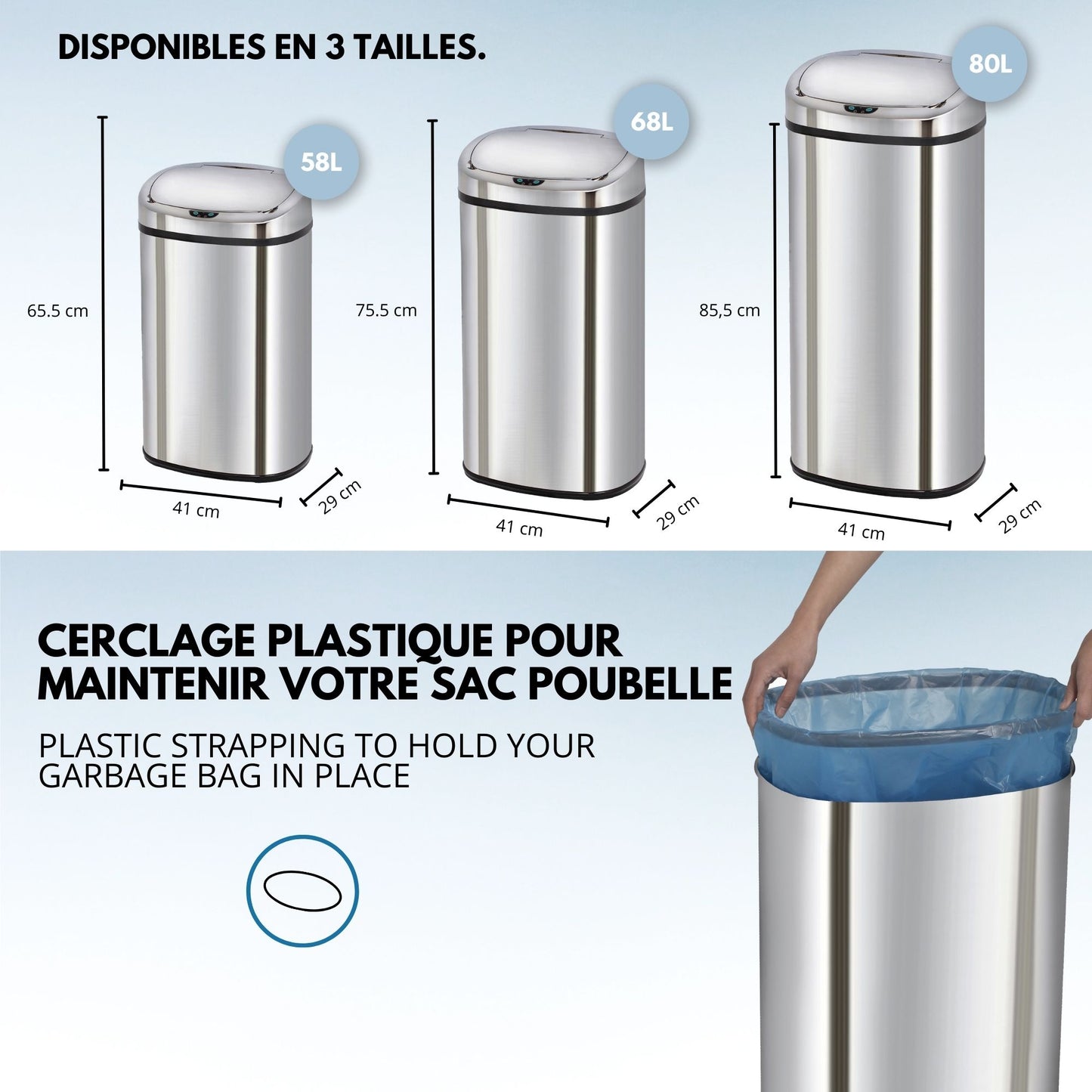 Automatic kitchen bin 80L MAJESTIC large capacity in stainless steel with strapping