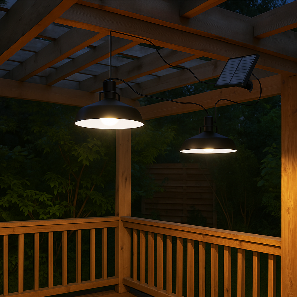 Double solar pendant lamps black metal lampshade cool white LED 2x WAREN D18cm