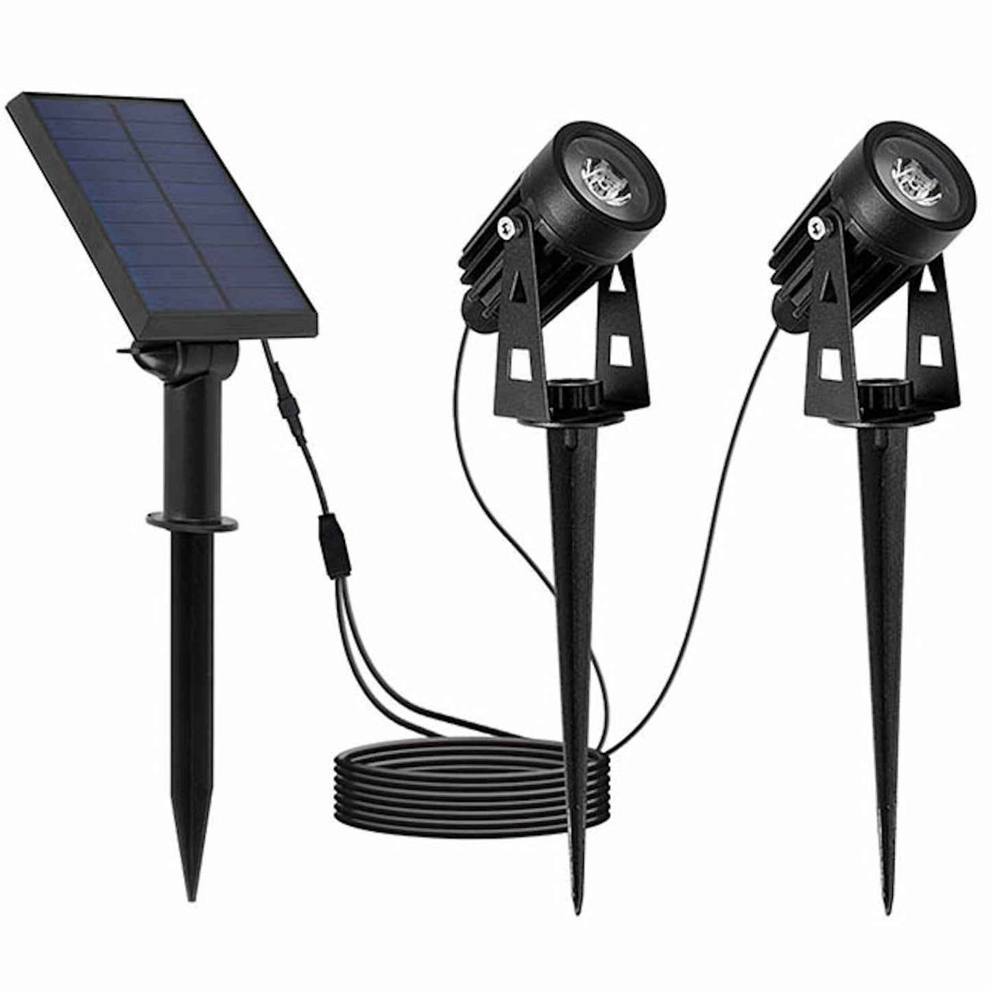 Double solar spotlights connected with remote solar panel 2 in 1 to stick or to fix Powerful cold white LED lighting 2x ROUNDY H27 cm