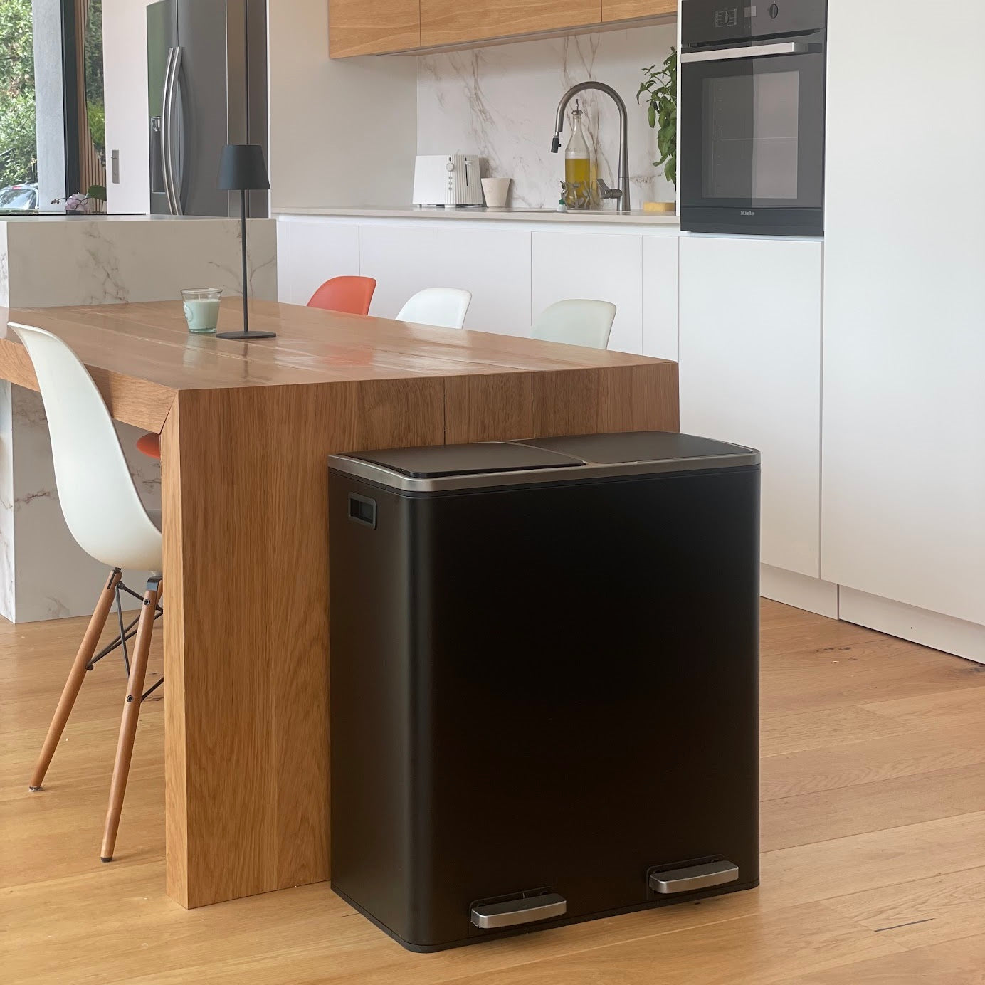 MAJOR 60L (2x30L) large capacity tri-selective pedal kitchen bin in matt black stainless steel
