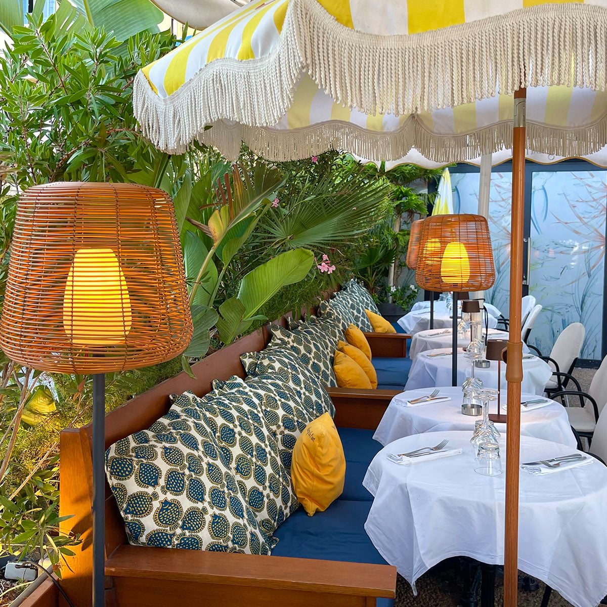 Poly rattan design wire floor lamp for outdoor white LED TALL BOHEME H150cm E27 base