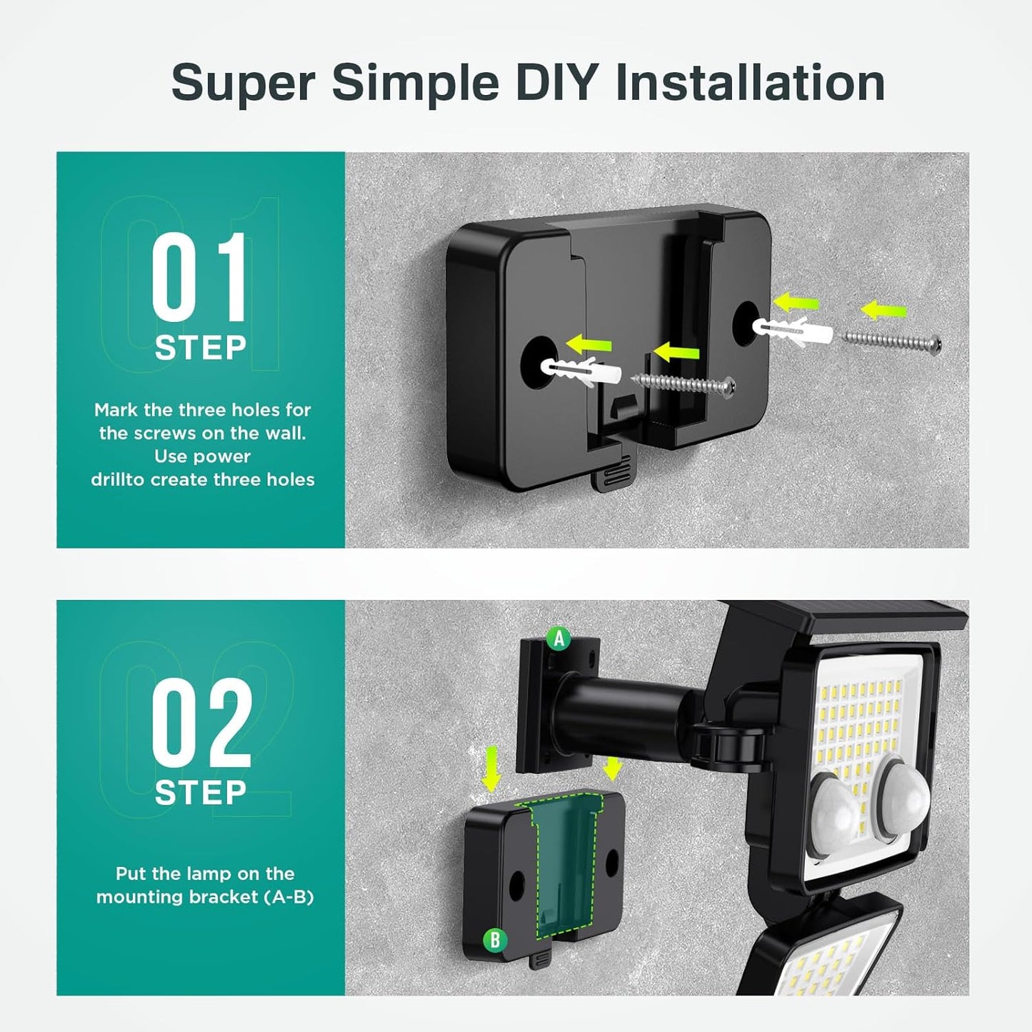 Lot de 4 Spots Solaires à 4 Têtes Noires FAIRVIEW - Éclairage LED Puissant Blanc, Orientables avec Détecteur de Mouvement, Idéaux pour Sécuriser Jardin, Terrasse et Extérieur