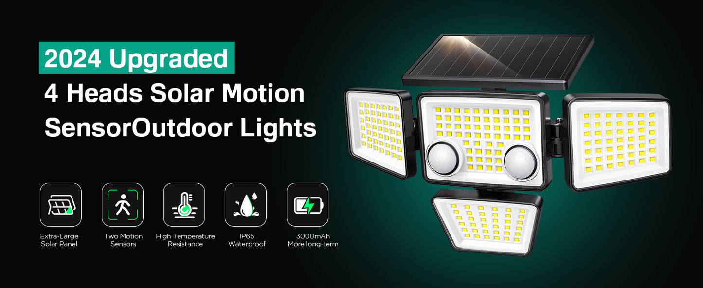 Lot de 4 Spots Solaires à 4 Têtes Noires FAIRVIEW - Éclairage LED Puissant Blanc, Orientables avec Détecteur de Mouvement, Idéaux pour Sécuriser Jardin, Terrasse et Extérieur
