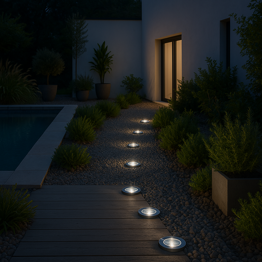 Set of 8 round stainless steel solar spotlights built-in or to stick white LED DECKY ∅12cm