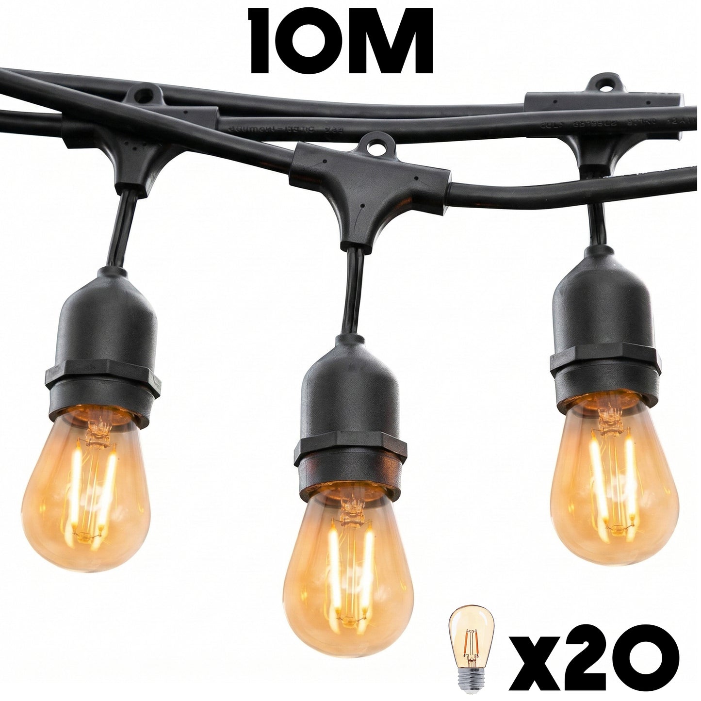 Outdoor light garland with 20 vintage filament bulbs E27 warm white LED socket MAFY 20 LIGHT 10m very bright