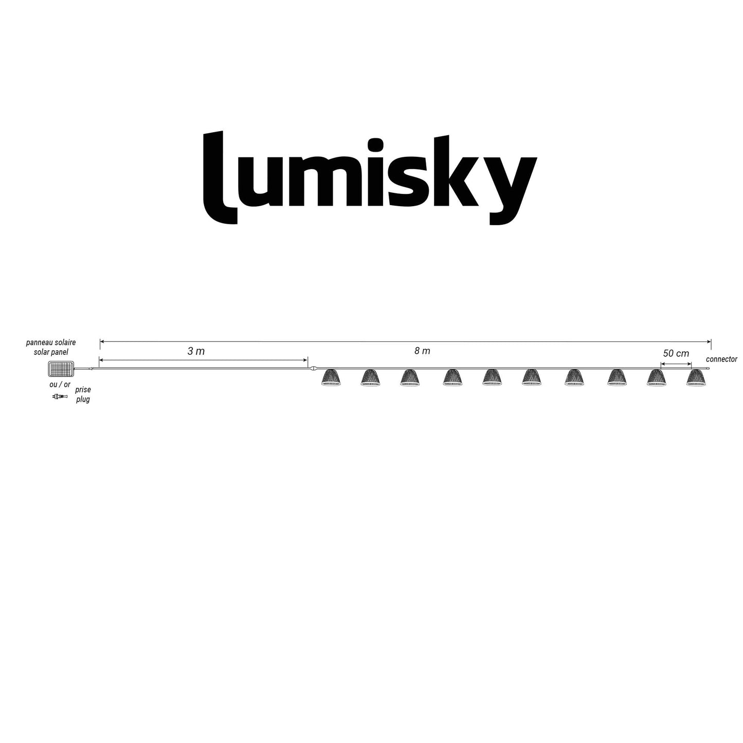 Guirlande lumineuse extérieur raccordable 10 abat-jour naturels en rotin MALY LIGHT HYBRID LED blanc chaud 8m solaire et sur secteur