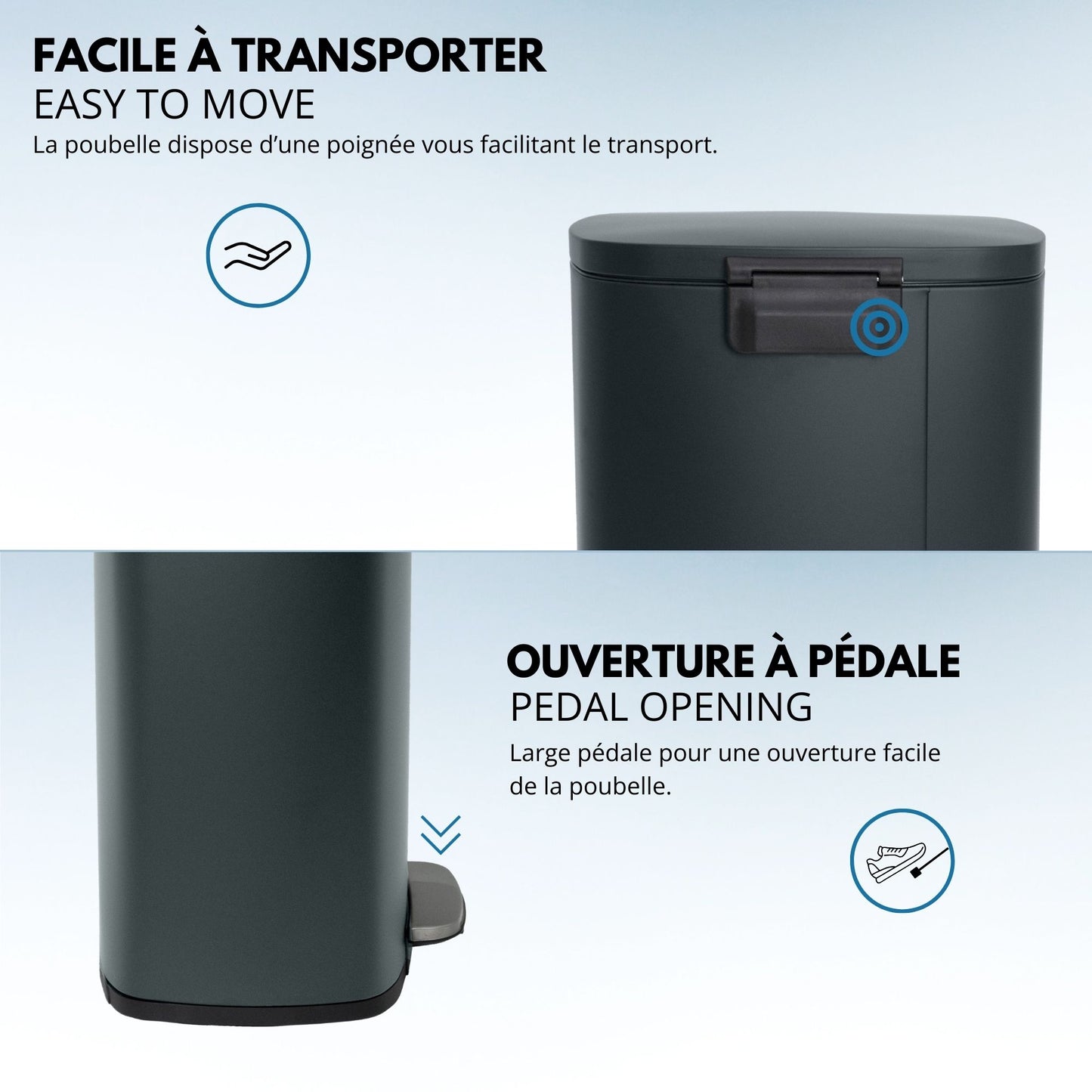 Kitchen pedal bin 50L Design ADMIRAL Matt black in stainless steel with bucket and soft closing