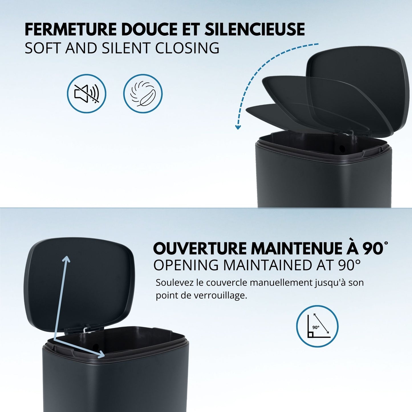 Kitchen pedal bin 50L Design ADMIRAL Matt black in stainless steel with bucket and soft closing