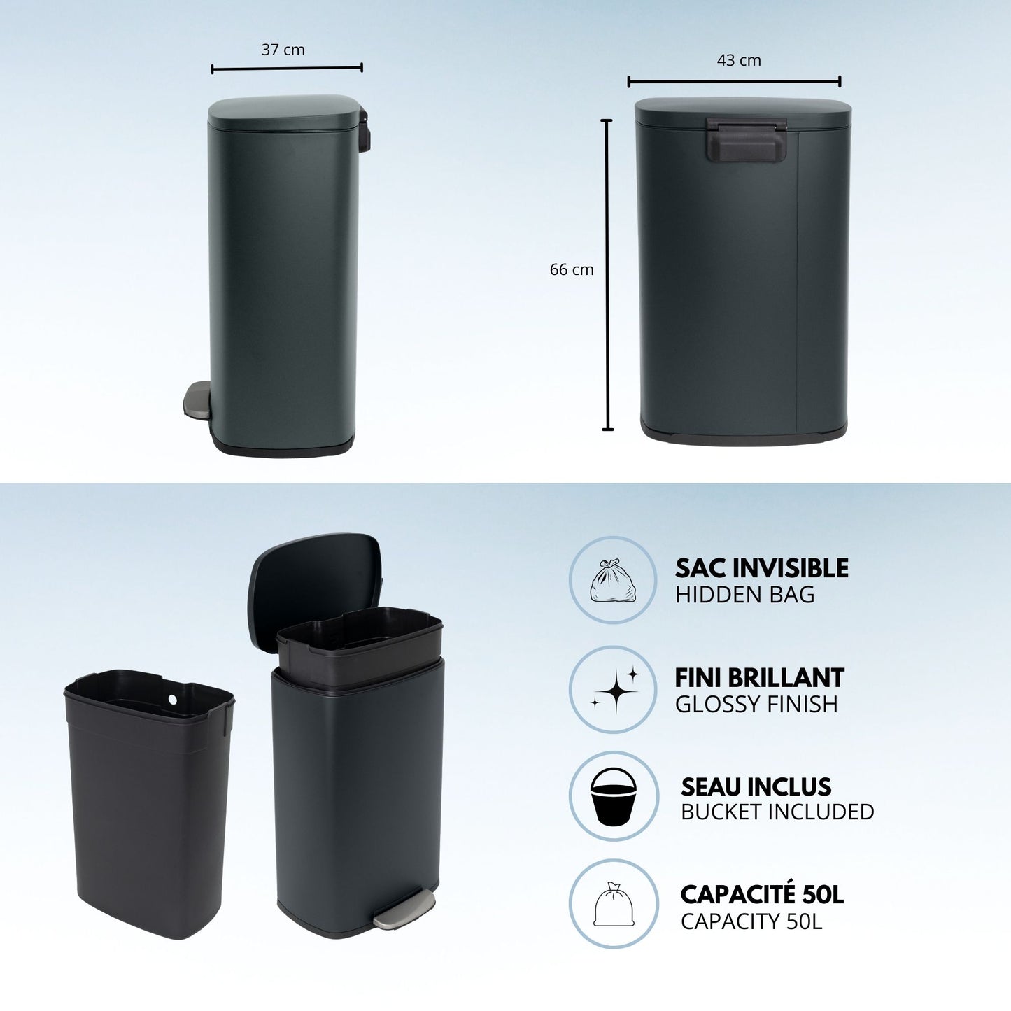 Kitchen pedal bin 50L Design ADMIRAL Matt black in stainless steel with bucket and soft closing