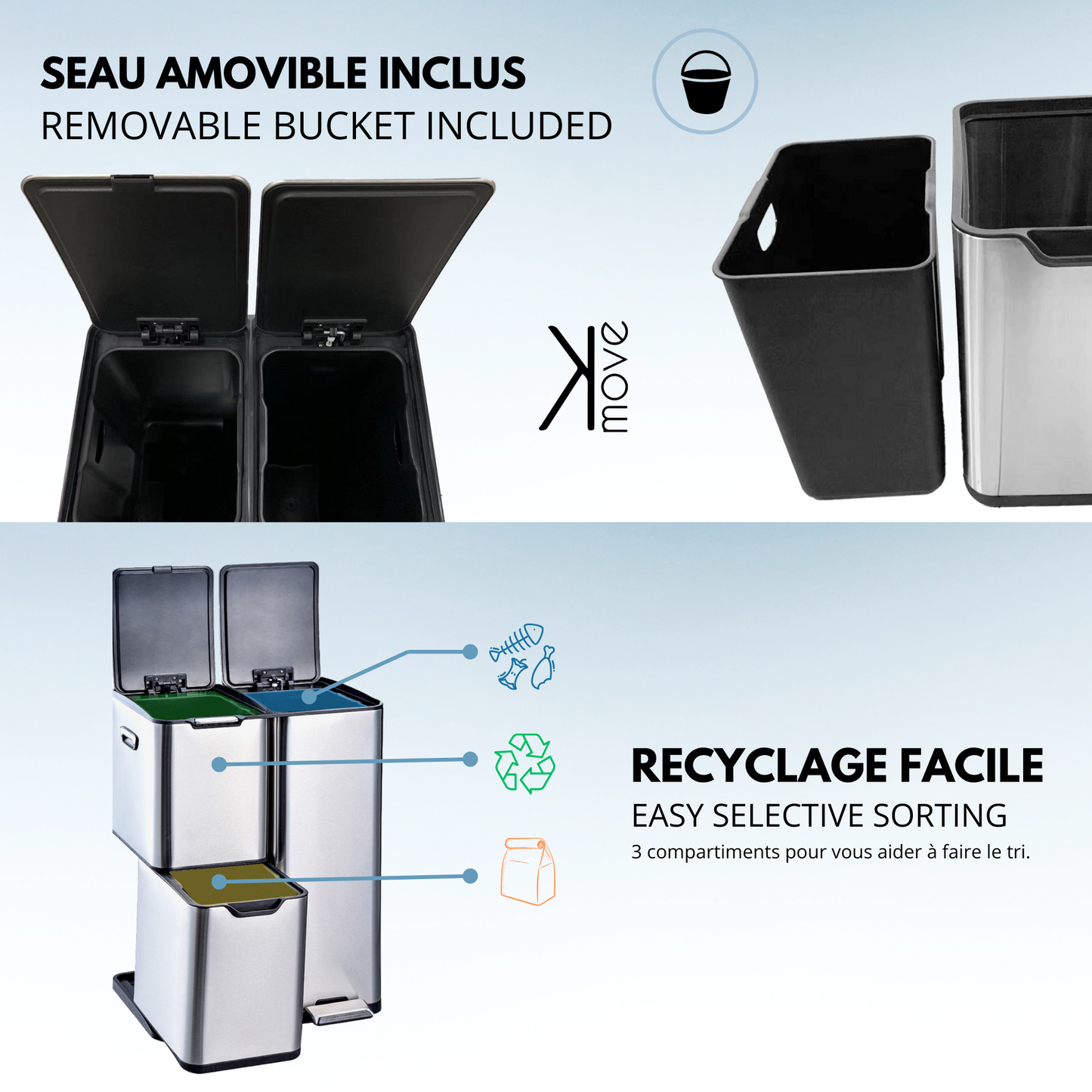 Sorting kitchen bin 24L (3x8L) TRIO 3 compartments in brushed stainless steel