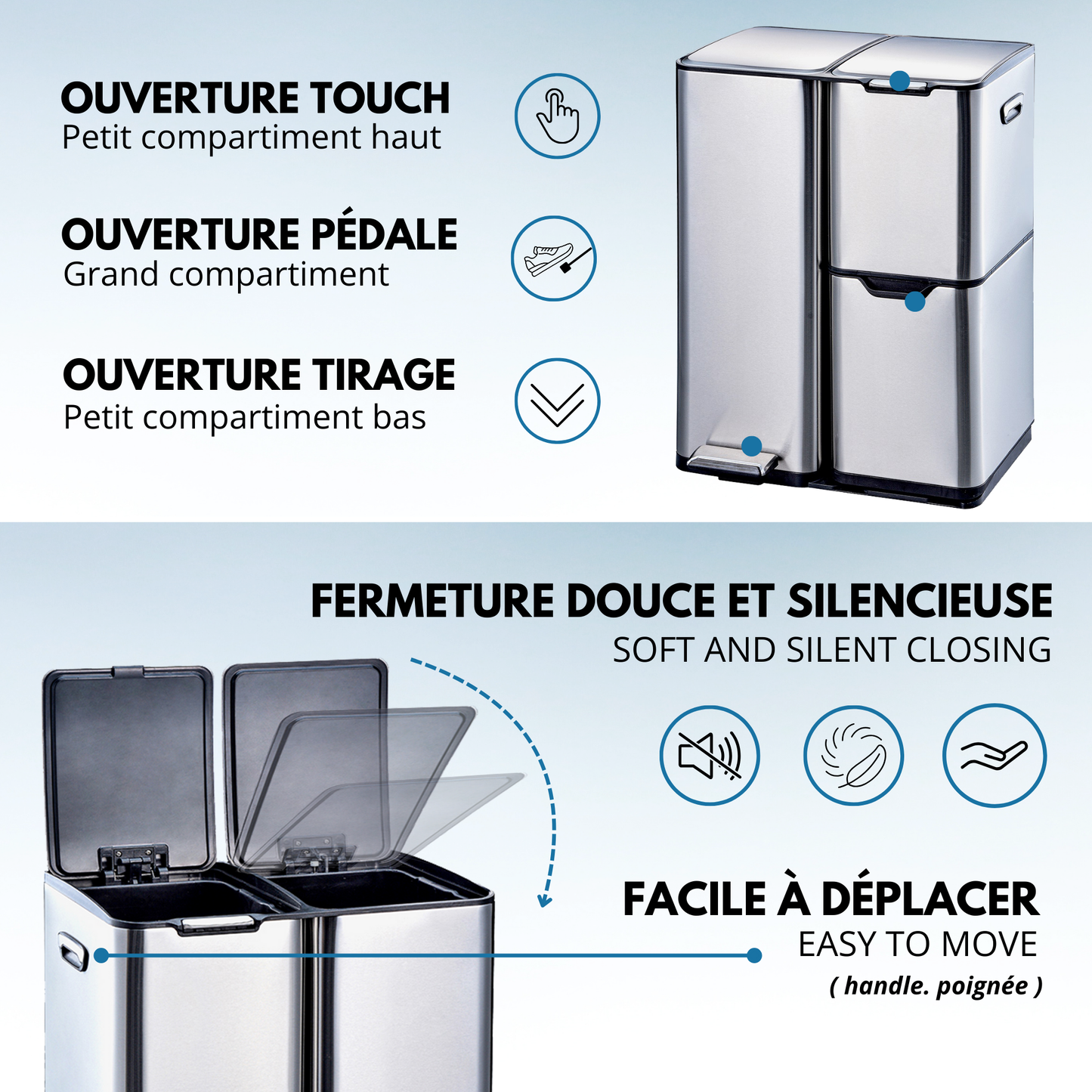 Sorting kitchen bin 24L (3x8L) TRIO 3 compartments in brushed stainless steel