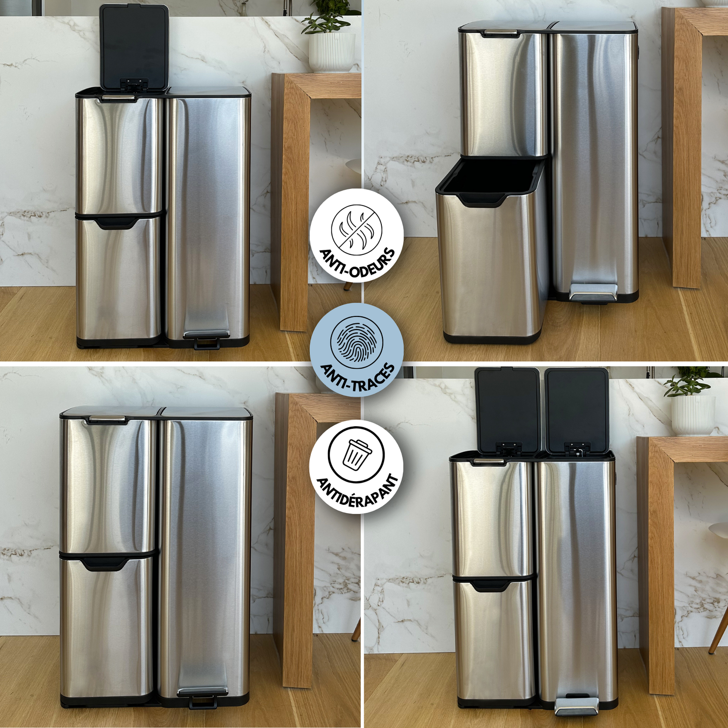 Sorting kitchen bin 24L (3x8L) TRIO 3 compartments in brushed stainless steel