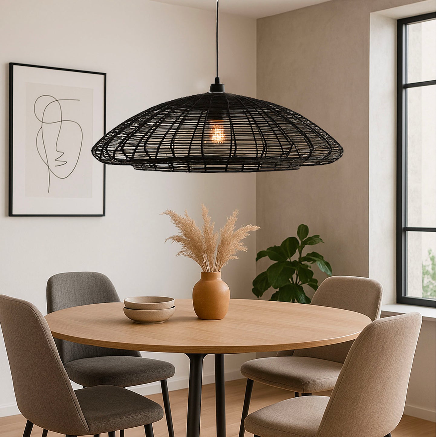 ALBA BLACK pendant lamp in natural paper cord with E27 electric mount 80 cm diameter