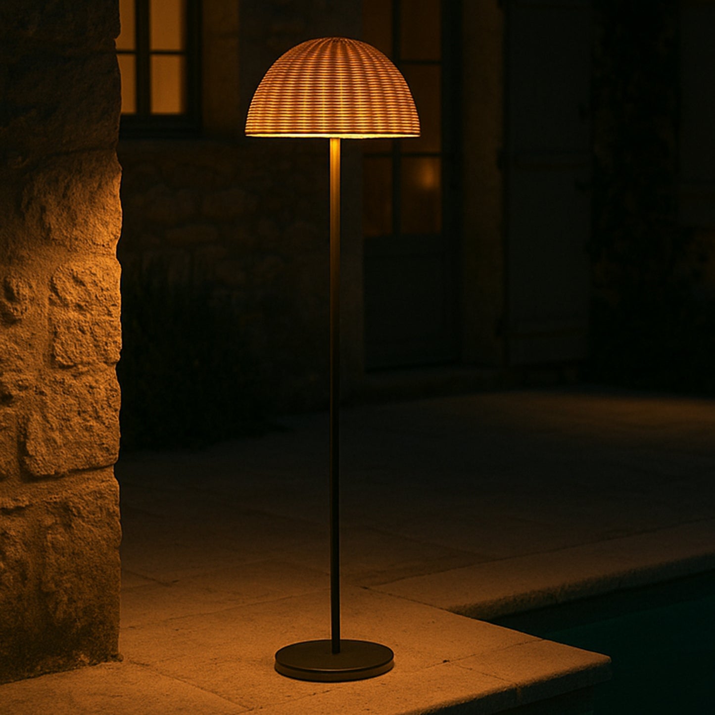 Lampadaire lumineux rechargeable pied métal abat-jour poly rotin LED blanc chaud/blanc dimmable FAROE TALL H160cm
