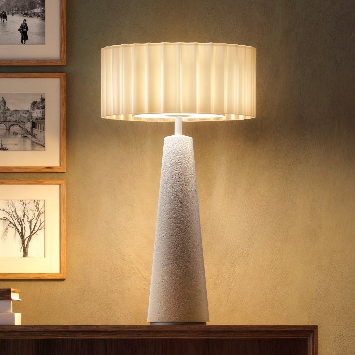 Lampe de table sans fil en ciment abat-jour ondulé LED blanc chaud dimmable BLOK CEMENT H30cm