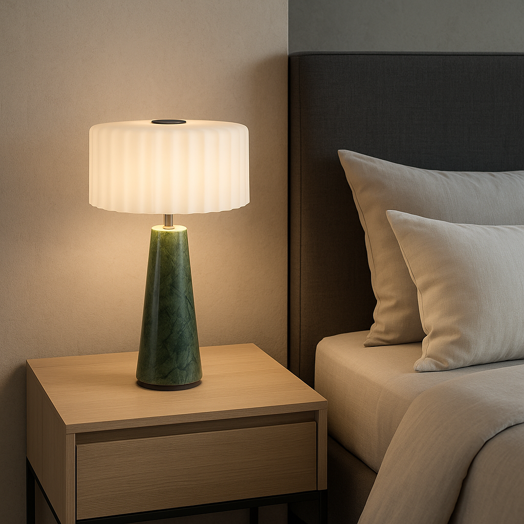 Lampe de table sans fil en marbre abat-jour ondulé LED blanc chaud dimmable BLOK GREEN MARBLE H30cm