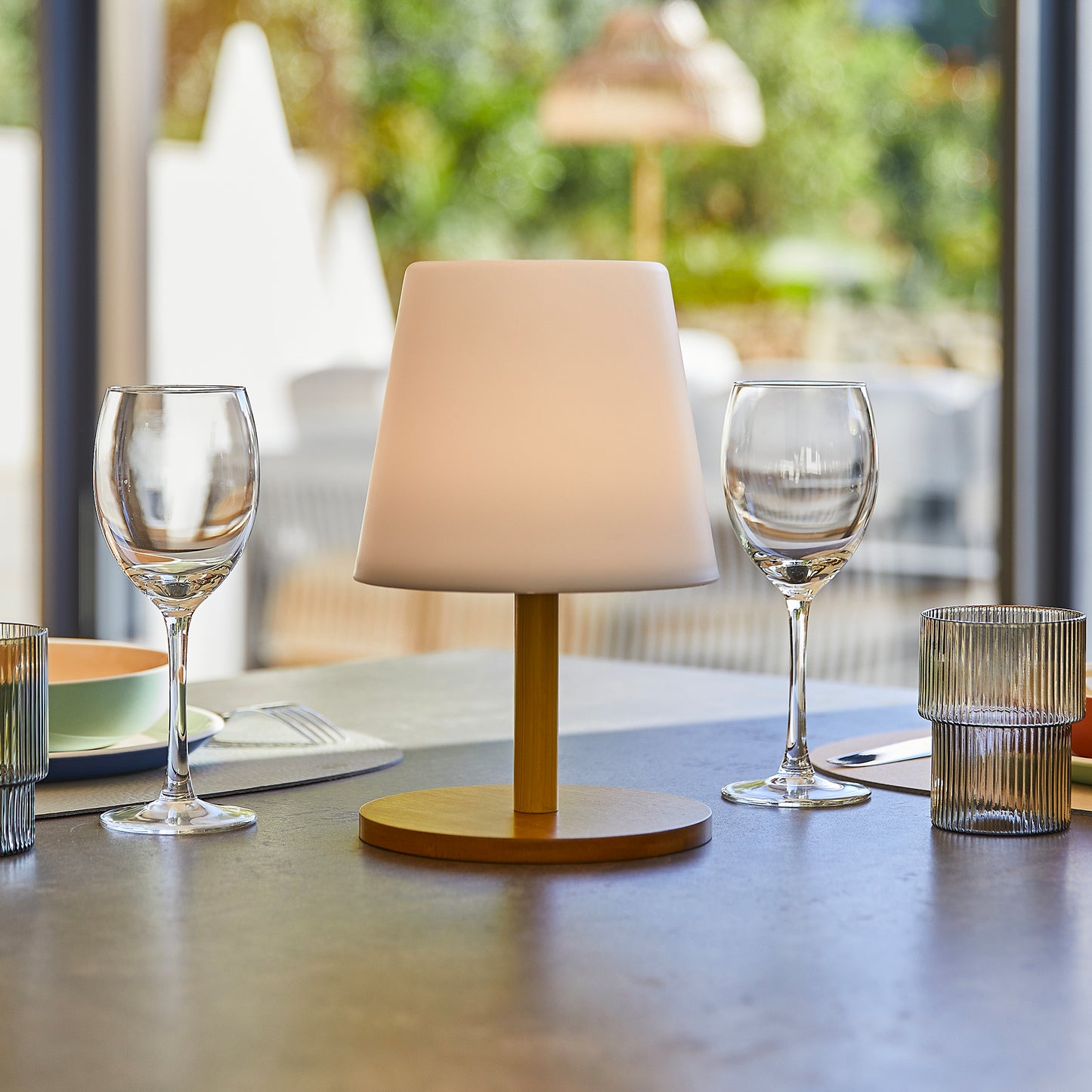Cordless table lamp natural bamboo foot LED warm white/white dimmable STANDY MINI WOOD H25cm
