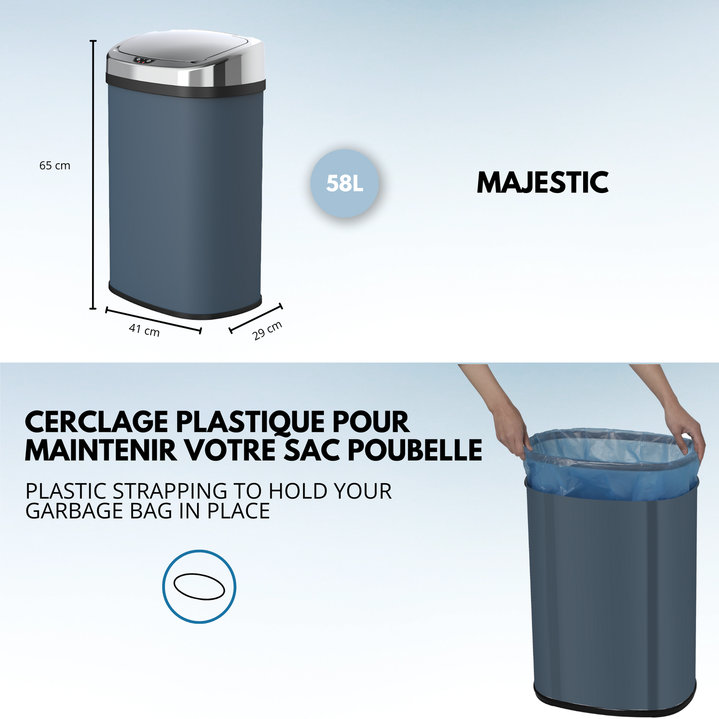 Automatic kitchen bin 58L MAJESTIC large capacity in stainless steel with strapping