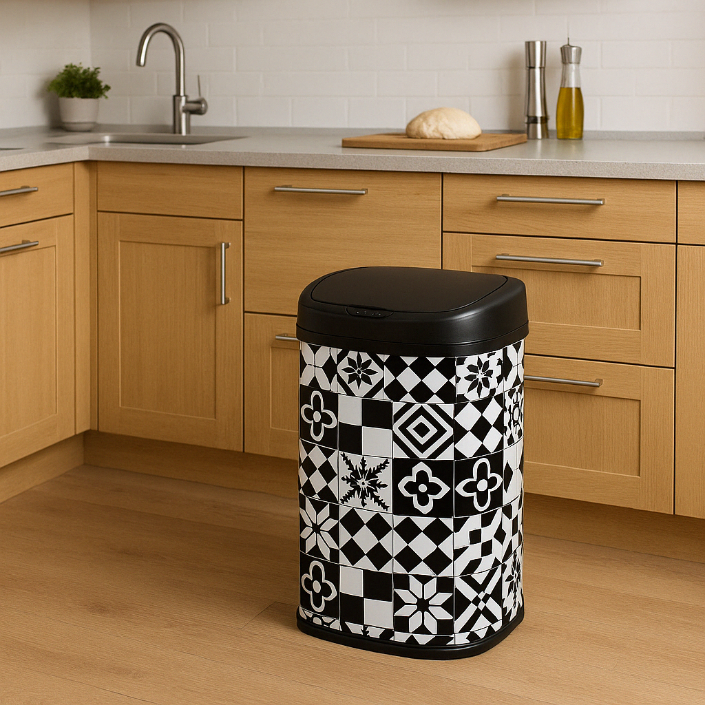 Automatic kitchen bin 58L MAJESTIC Black cement tile in stainless steel with strapping