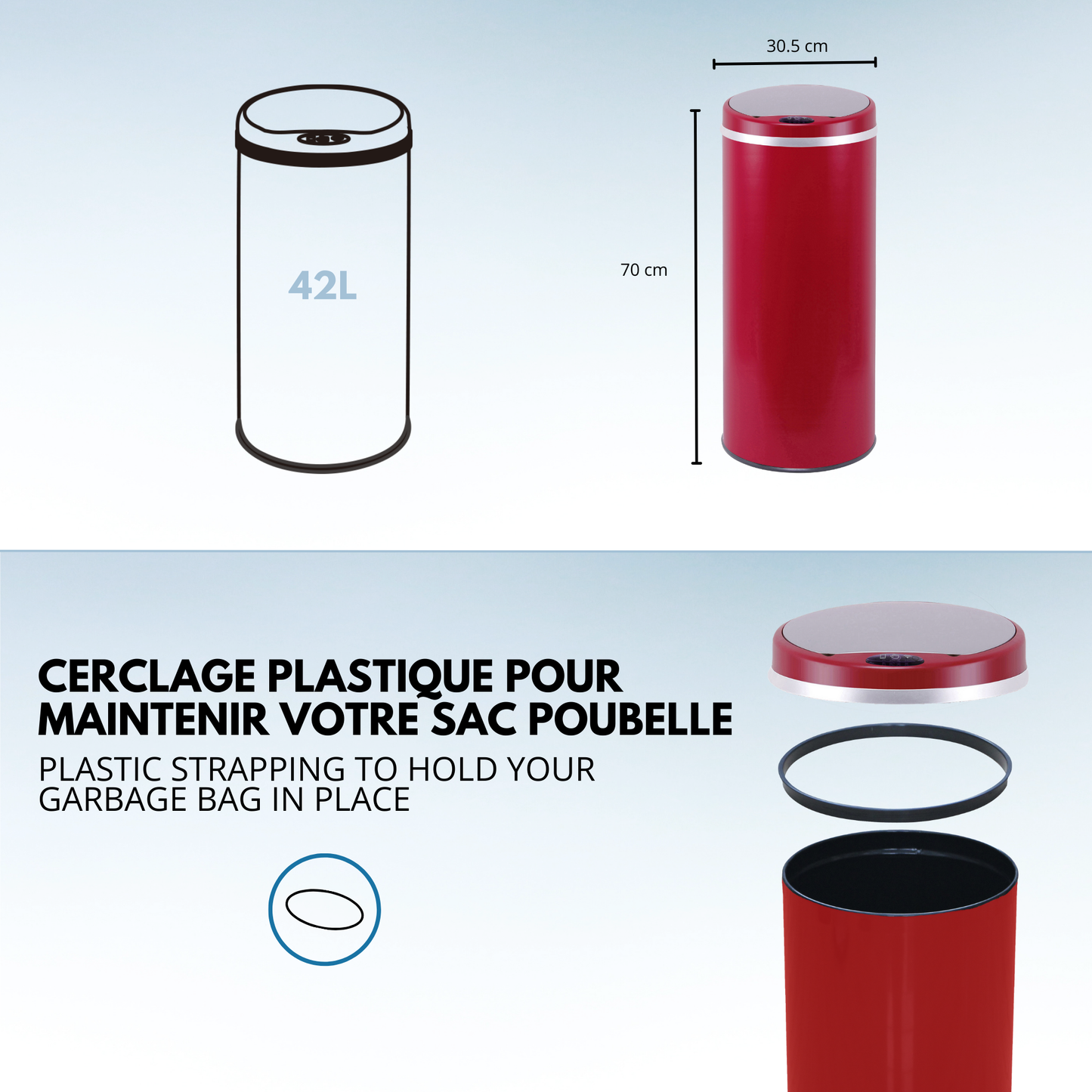 Automatic kitchen bin 42L SOHO Matt red in stainless steel with strapping