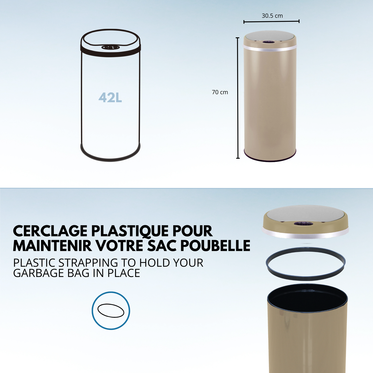 Automatic kitchen bin 42L SOHO Taupe matte in stainless steel with strapping