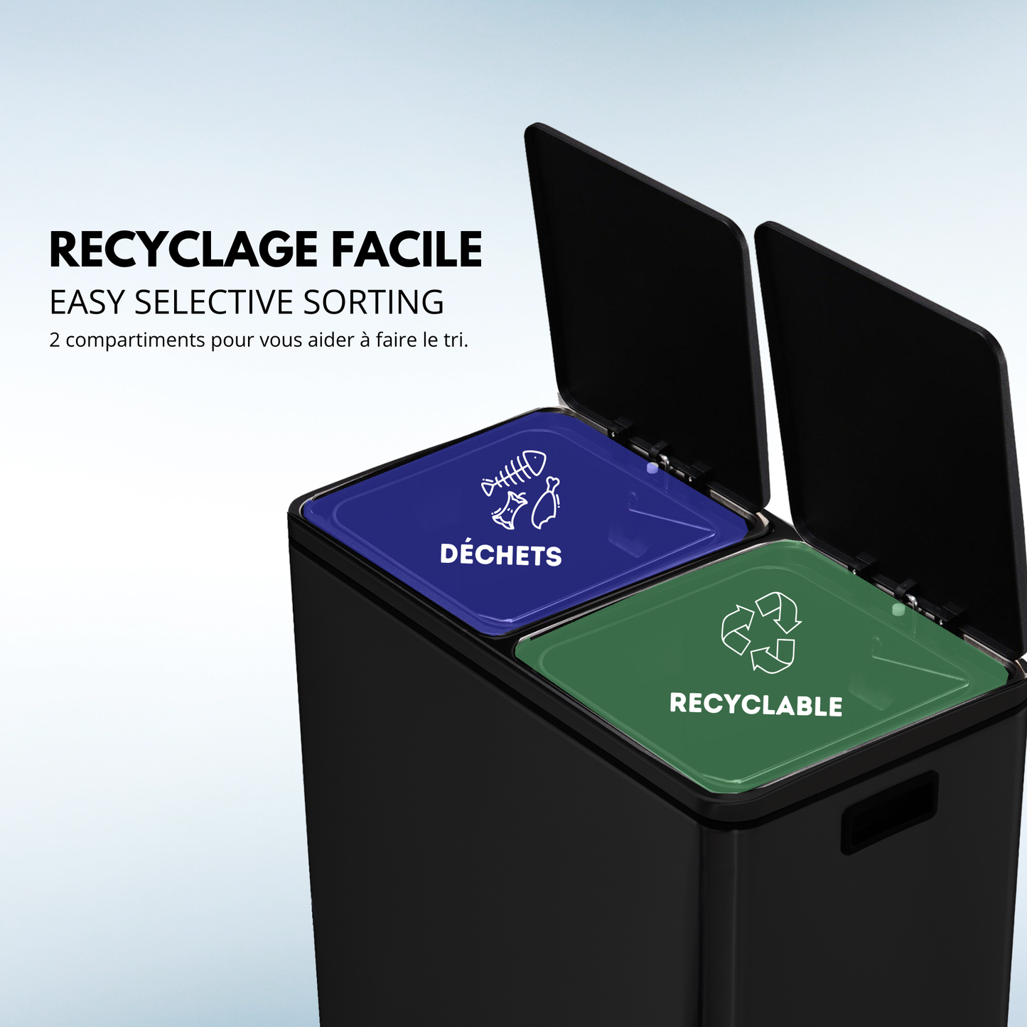 MAJOR 60L (2x30L) large capacity tri-selective pedal kitchen bin in matt black stainless steel