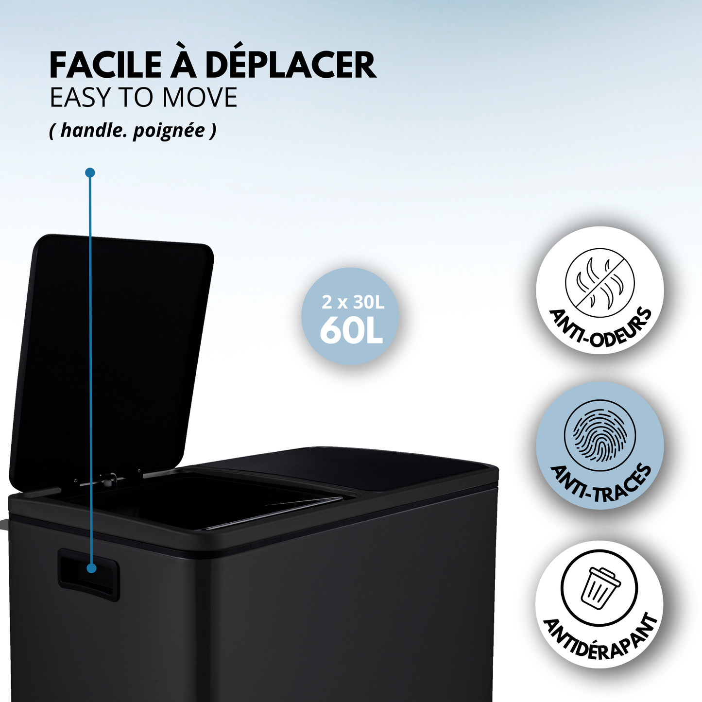 MAJOR 60L (2x30L) large capacity tri-selective pedal kitchen bin in matt black stainless steel