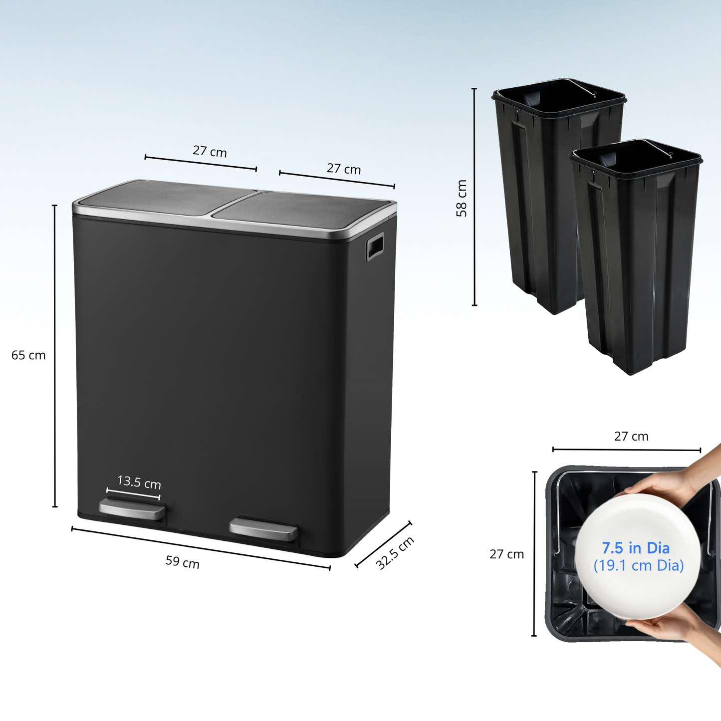 MAJOR 60L (2x30L) large capacity tri-selective pedal kitchen bin in matt black stainless steel