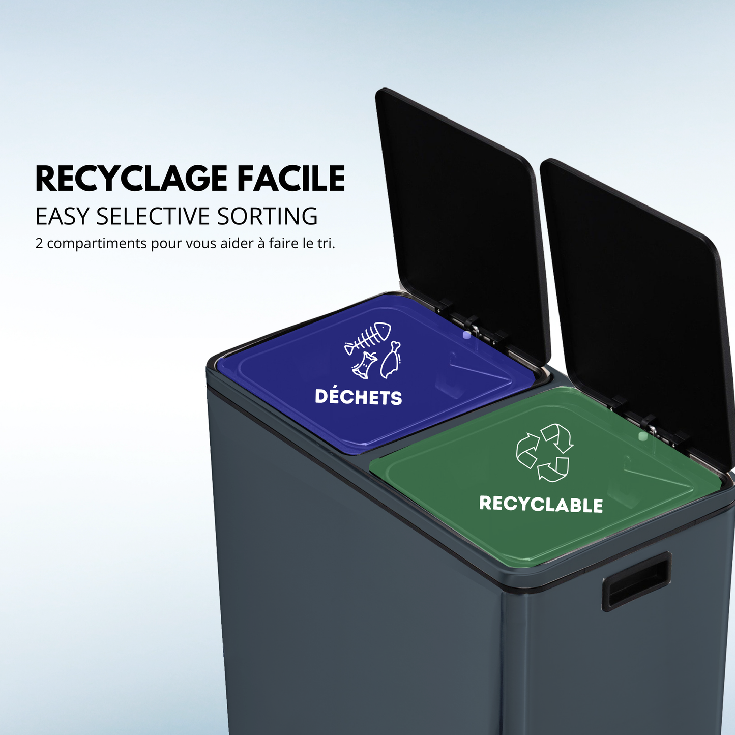 MAJOR 60L (2x30L) large capacity tri-selective pedal kitchen bin in matt black stainless steel