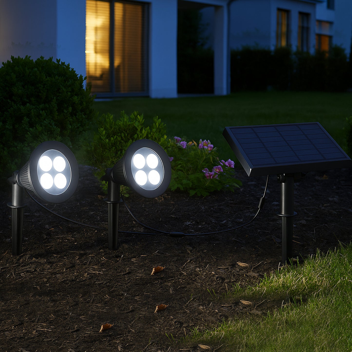 Double solar spotlight connected with remote solar panel 2 in 1 to prick or to fix powerful white LED dimmable lighting FAMILY SPIKY H34cm
