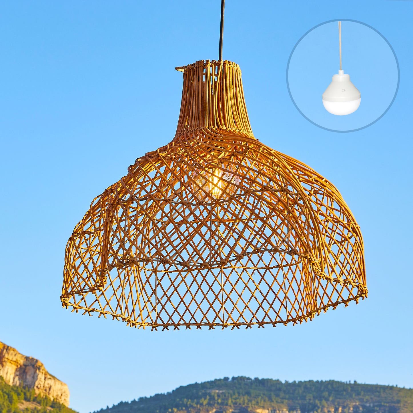 Bohemian natural solar pendant in braided basketry style warm white LED KO SAMUY H46cm