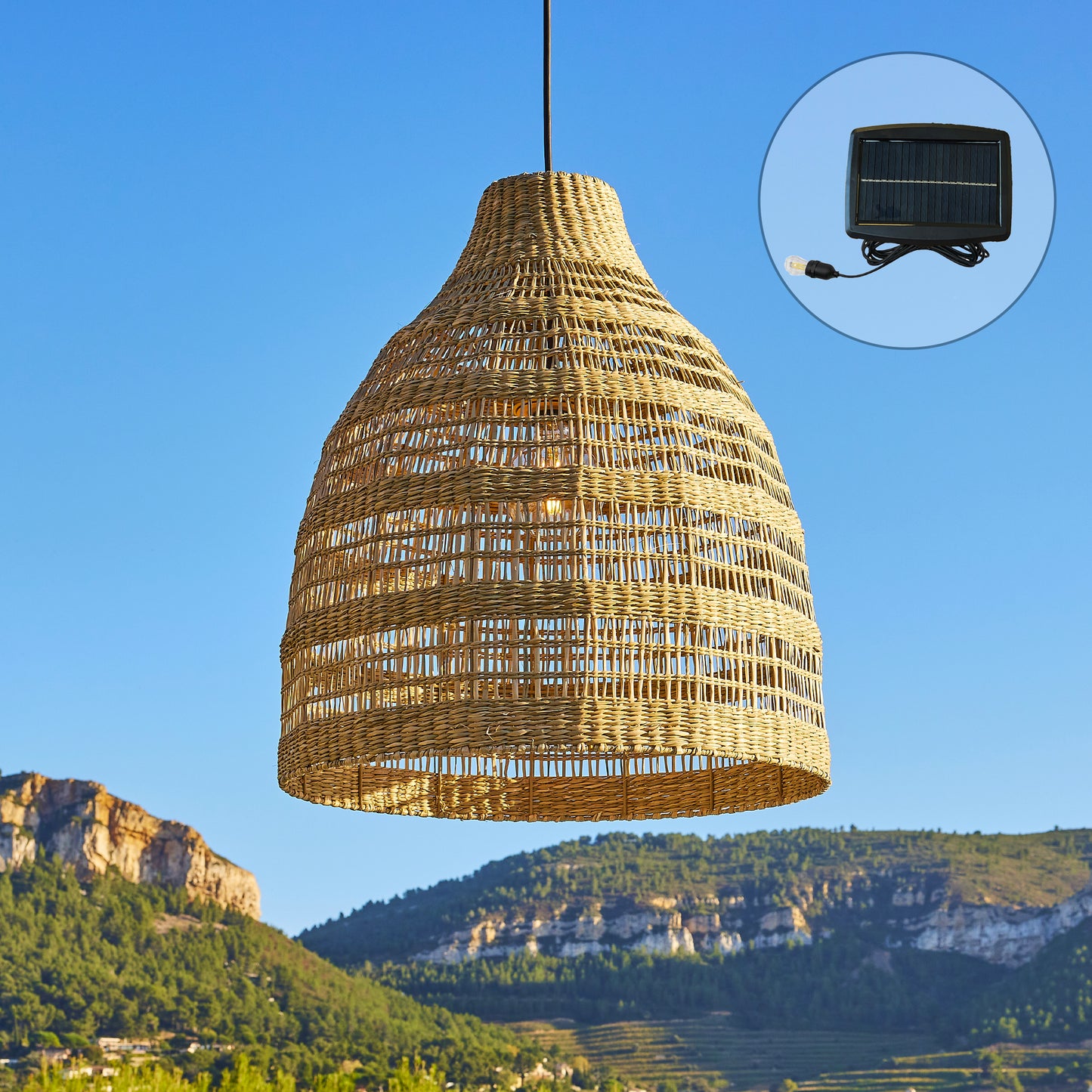 Natural bohemian solar hanging lamp in braided basketry style warm white LED HOLIDAY H42cm