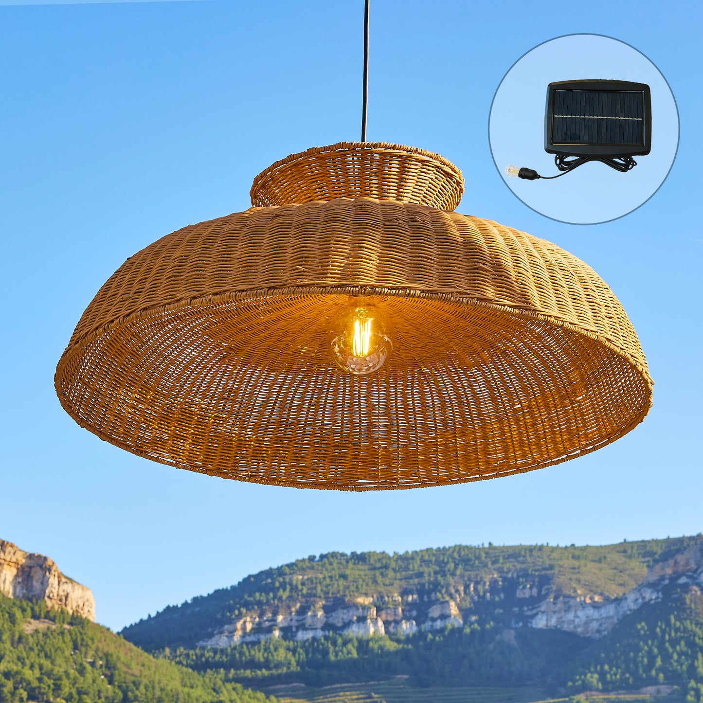 Suspension solaire DARMA SOLAR en rotin naturel avec câble hybride secteur et solaire 5m de longueur