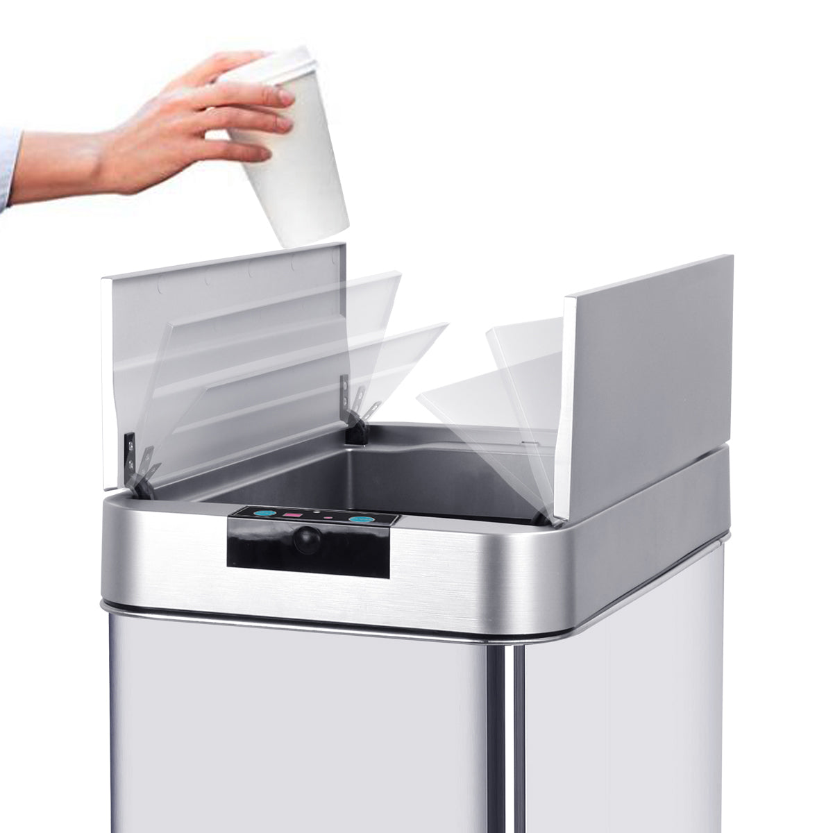 Poubelle de cuisine automatique 90L SILVERLAKE en acier Inox avec cerclage Ouverture papillon grande capacité - REDDECO.com