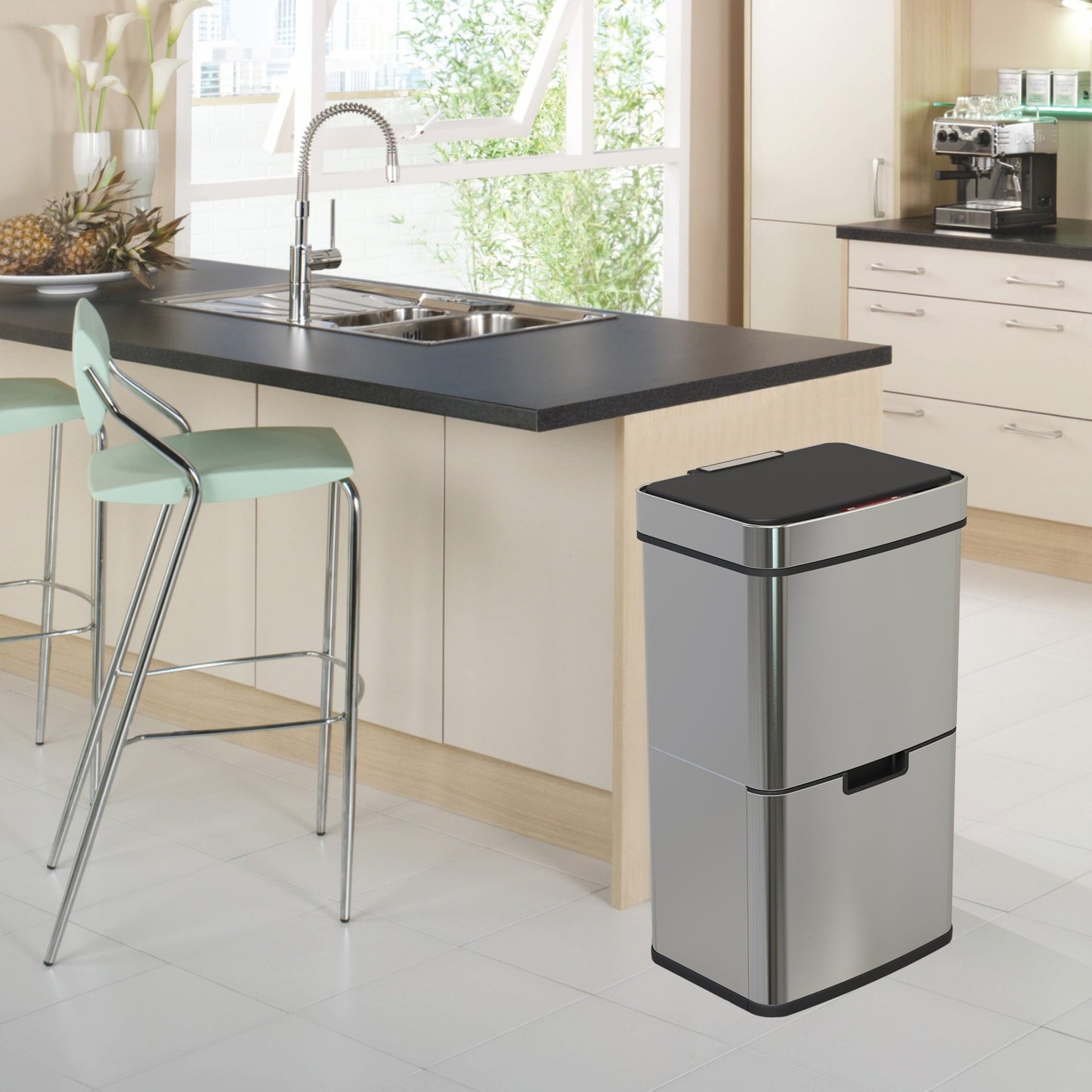 Poubelle De Cuisine Automatique Tri Sélectif Double Compartiment 75l NARVIK En Acier Inox Recyclage Grande Capacité Et Poubelle De Table 3l - REDDECO.com