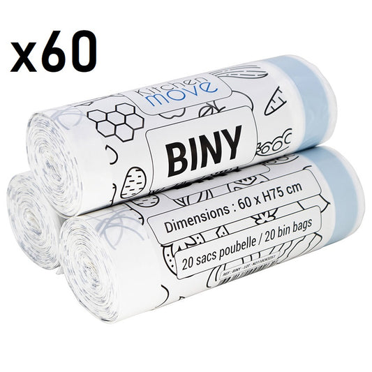 Set of 60 white bin bags 50L 60 x H75 CM BINY Ultra resistant 23 microns with drawstring