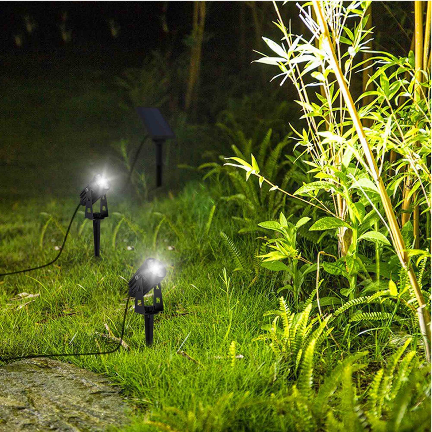 Double solar spotlights connected with remote solar panel 2 in 1 to stick or to fix Powerful cold white LED lighting 2x ROUNDY H27 cm