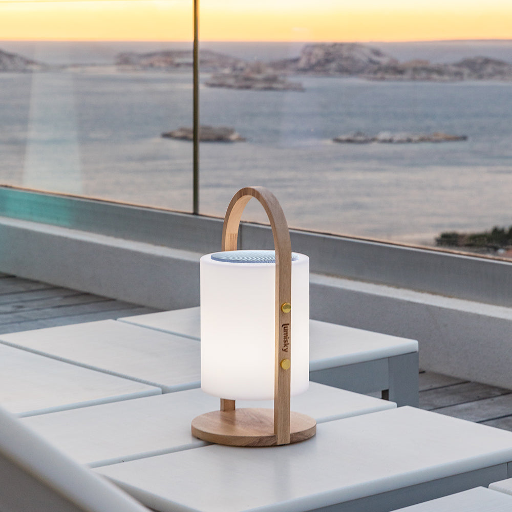Wireless bluetooth speaker lamp wooden handle white/multicolor LED dimmable WOODY PLAY H37cm with remote control