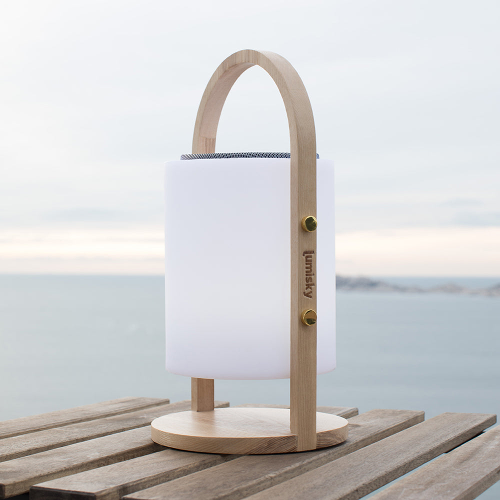 Wireless bluetooth speaker lamp wooden handle white/multicolor LED dimmable WOODY PLAY H37cm with remote control