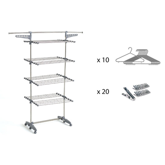 Séchoir à linge étendoir multifonction 30M EXTRA avec 30 accessoires 4 niveaux Gris et Inox - REDDECO.com