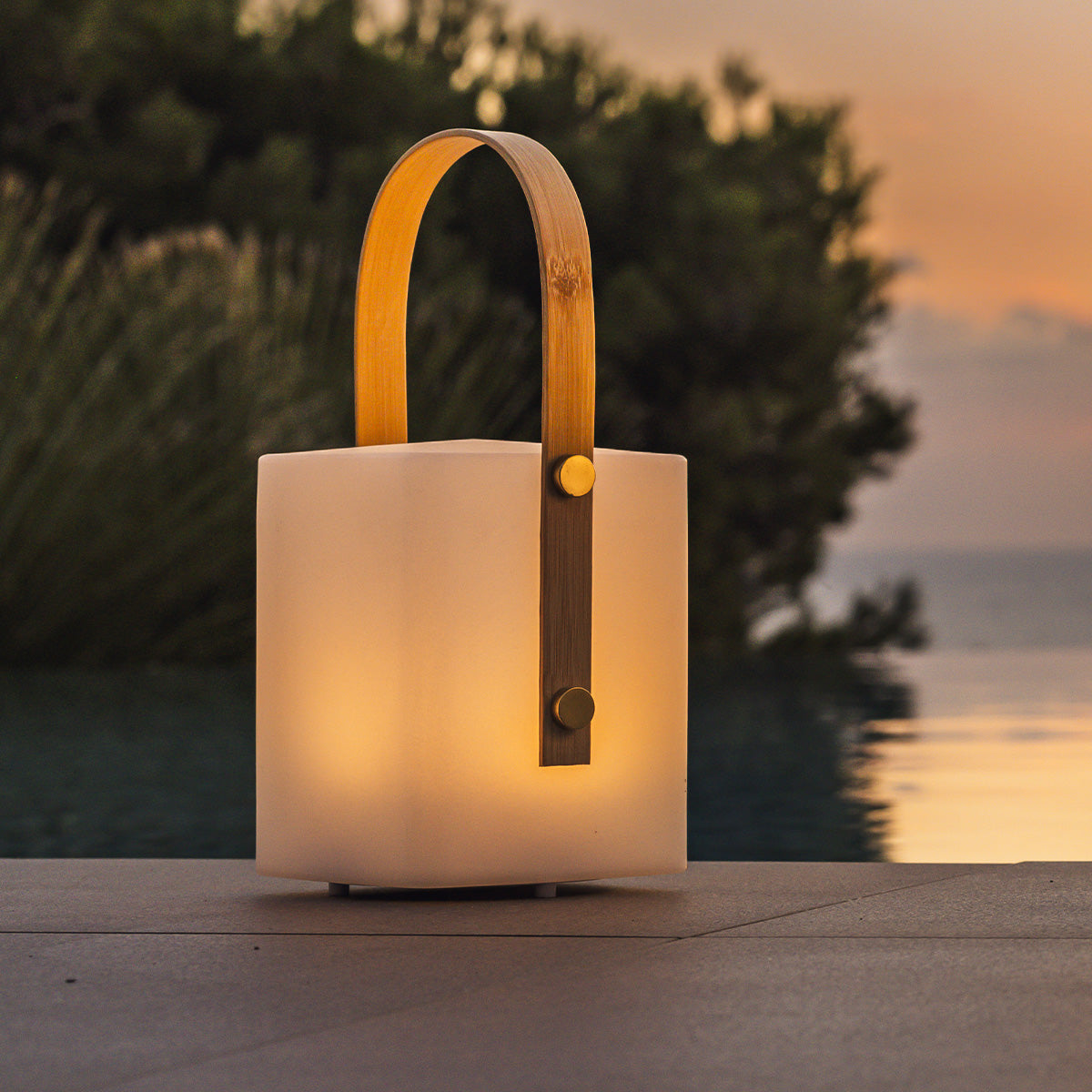 TIKY H27cm dimmable warm white/multicolour LED bamboo handle wireless lantern